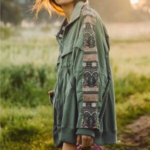 Anorak She Fly Free People Windbreaker  Green Embroidered Jacket